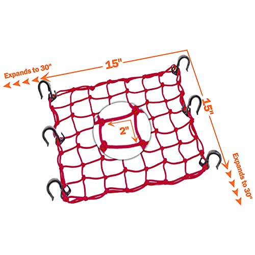 Thewinio Cargo Net 15"x15" Stretches to 30"x30" with Thicken Hooks | Natural Latex Core, Tight 2”x2” Mesh Small Heavy Duty Bungee Net for Motorcycle Helmet, Bike, ATV, UTV, Luggage (Red, 1 Pack) - Image 2