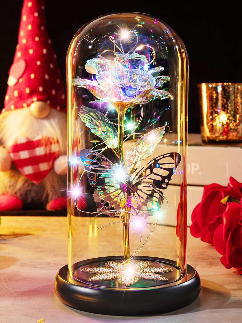 Mothers Day Rose Gifts for Mom Galaxy Glass Rose Flower Gift Forever Eternal Crystal Light Up Rose in Glass Dome with Butterfly Mothers Day Birthday Gifts for Women Mom Wife Daughter Sister Colorful