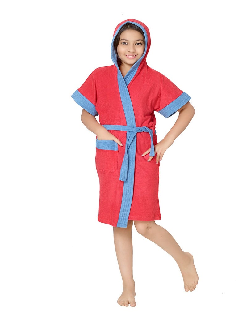 SAND DUNE Girls Terry Cotton Blue Border Half Sleeves Knee Length Hood Bathrobe Gown with Pocket and Waist Belt Cherry Red 6 to7 Years