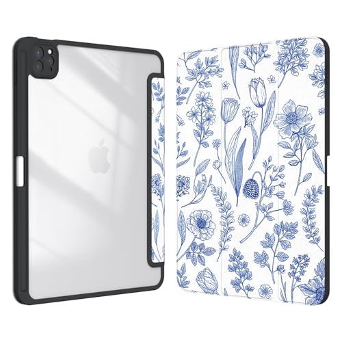 Xkladz Case for iPad Pro 11 inch 4th/ 3rd/ 2nd / 1st Generation (2022/2021/2020/2018), Case with Pencil Holder, Stand Clear Back Cover Cute Cool Design for Women Girls, Auto Sleep/Wake, Blue Flower - Image 1