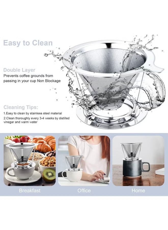 Hihonor - Pour Over Coffee Dripper Filter, Reusable Coffee Filter, Stainless Steel Cone Coffee Filter Single Cup, Paperless Pour Over Coffee Maker with Non-slip Cup Stand, Easy to Clean - Image 1