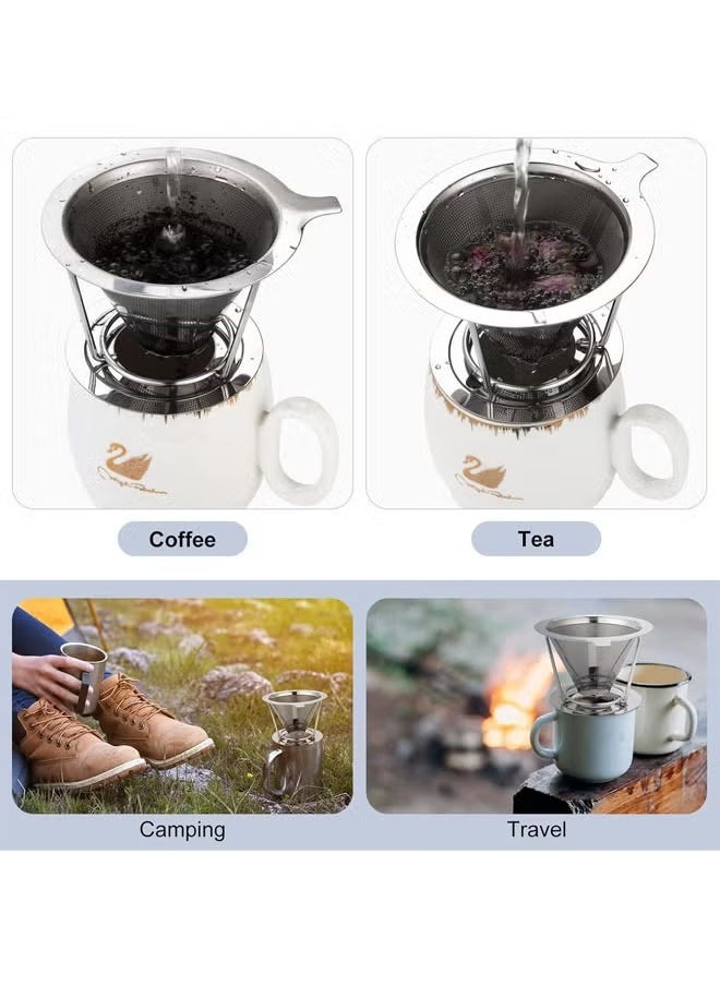 Hihonor - Pour Over Coffee Dripper Filter, Reusable Coffee Filter, Stainless Steel Cone Coffee Filter Single Cup, Paperless Pour Over Coffee Maker with Non-slip Cup Stand, Easy to Clean - Image 1