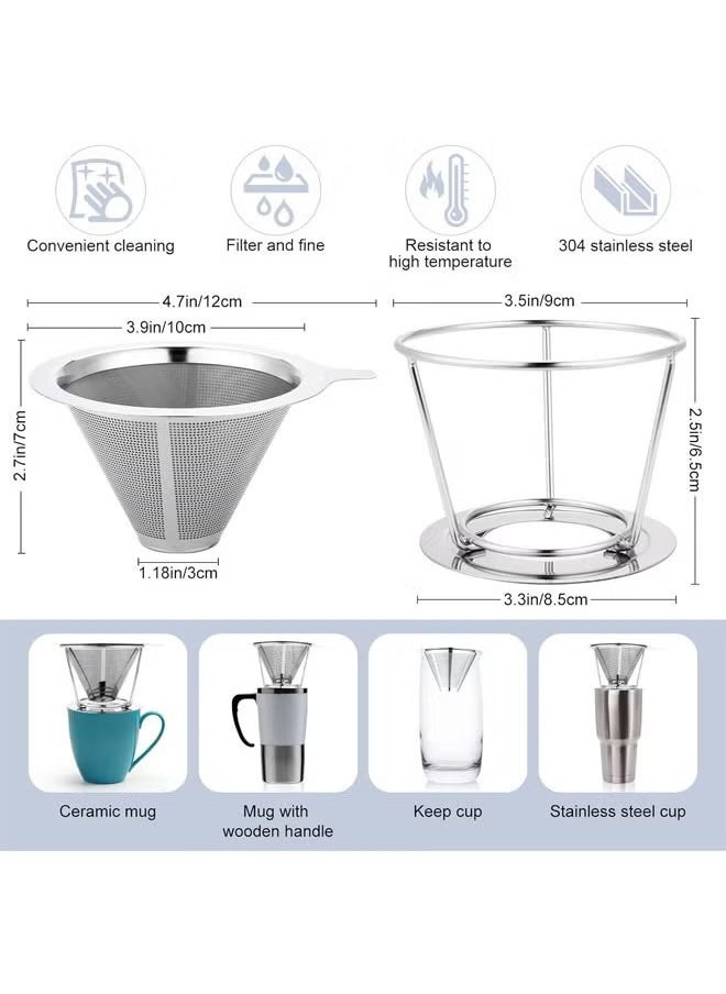 Hihonor - Pour Over Coffee Dripper Filter, Reusable Coffee Filter, Stainless Steel Cone Coffee Filter Single Cup, Paperless Pour Over Coffee Maker with Non-slip Cup Stand, Easy to Clean - Image 1