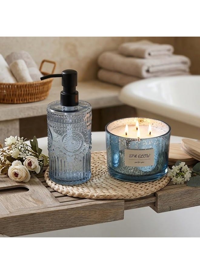 Simeitol 17 OZ Blue Glass Soap Dispenser with Black Stainless Steel Pump, Sunflower Embossed Glass Soap and Lotion Dispenser Set, Liquid Hand Soap Dispenser for Kitchen & Bathroom (2 Pack) - Image 4