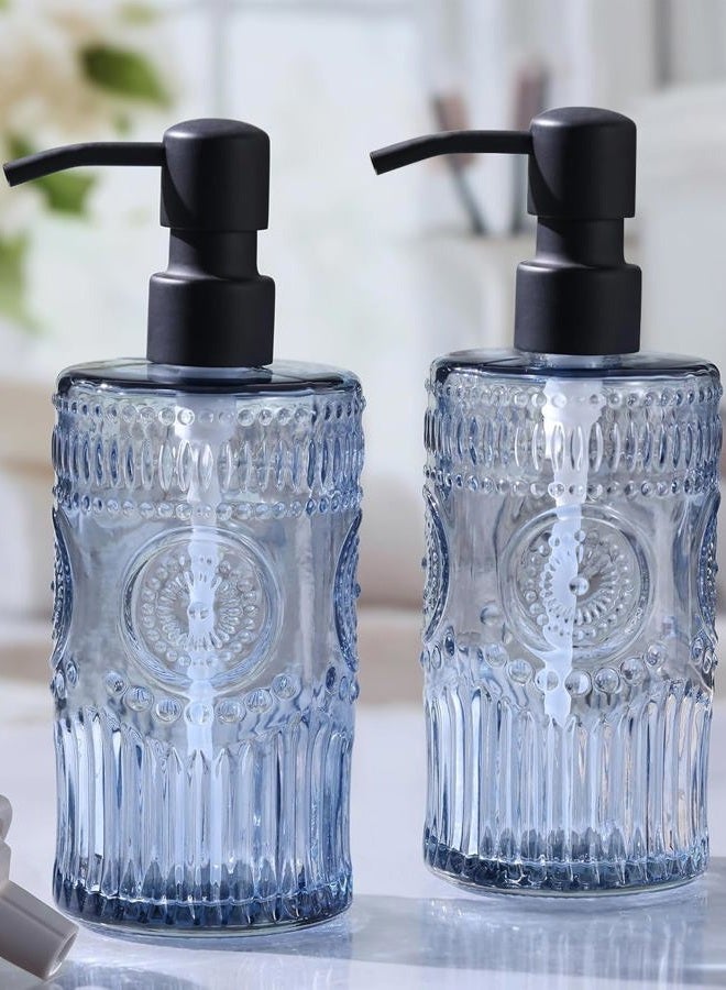 Simeitol 17 OZ Blue Glass Soap Dispenser with Black Stainless Steel Pump, Sunflower Embossed Glass Soap and Lotion Dispenser Set, Liquid Hand Soap Dispenser for Kitchen & Bathroom (2 Pack) - Image 1