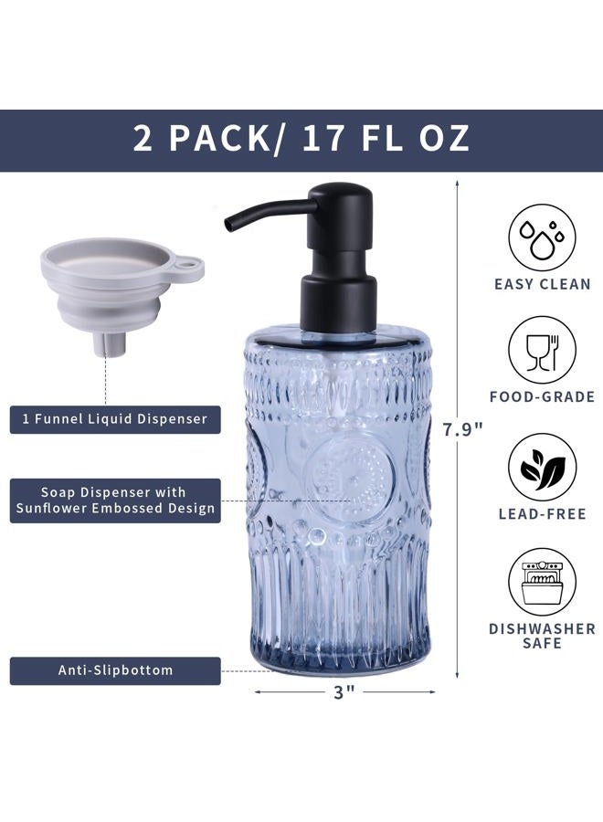 Simeitol 17 OZ Blue Glass Soap Dispenser with Black Stainless Steel Pump, Sunflower Embossed Glass Soap and Lotion Dispenser Set, Liquid Hand Soap Dispenser for Kitchen & Bathroom (2 Pack) - Image 2