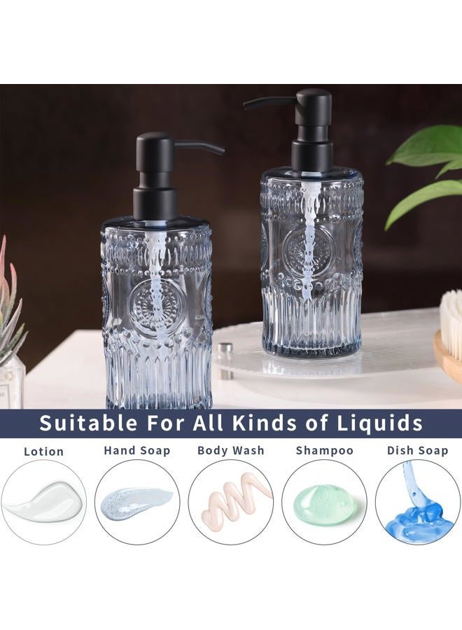 Simeitol 17 OZ Blue Glass Soap Dispenser with Black Stainless Steel Pump, Sunflower Embossed Glass Soap and Lotion Dispenser Set, Liquid Hand Soap Dispenser for Kitchen & Bathroom (2 Pack) - Image 3