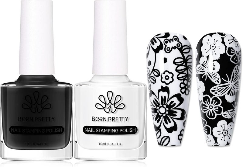 Born Pretty Nail Art Stamping Polish White Black Manicure Image Stamp Polish Set Print Polish Varnish 2 Bottles - Image 1
