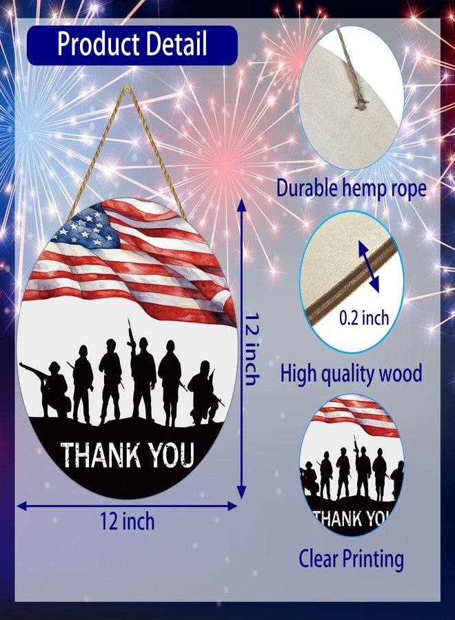 YUNKKIN Memorial Day Decorations Patriotic Wreath American Soldiers Thank You Hanging Sign American Flag Memorial Day Wreath Wooden Front Door Hanger 4th of July Decorations for Porch Wall Indoor Home Decor - Image 2