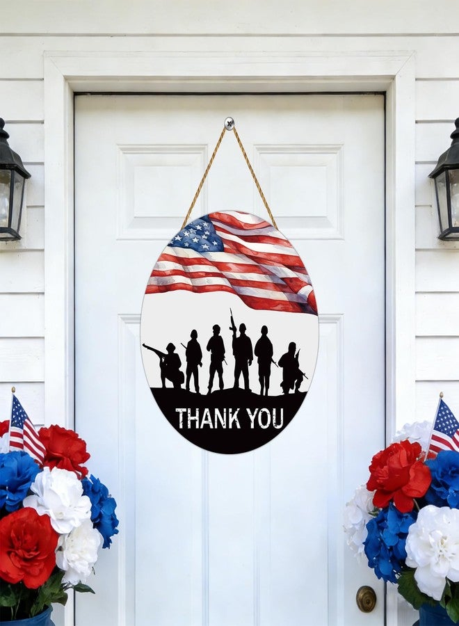 YUNKKIN Memorial Day Decorations Patriotic Wreath American Soldiers Thank You Hanging Sign American Flag Memorial Day Wreath Wooden Front Door Hanger 4th of July Decorations for Porch Wall Indoor Home Decor - Image 3