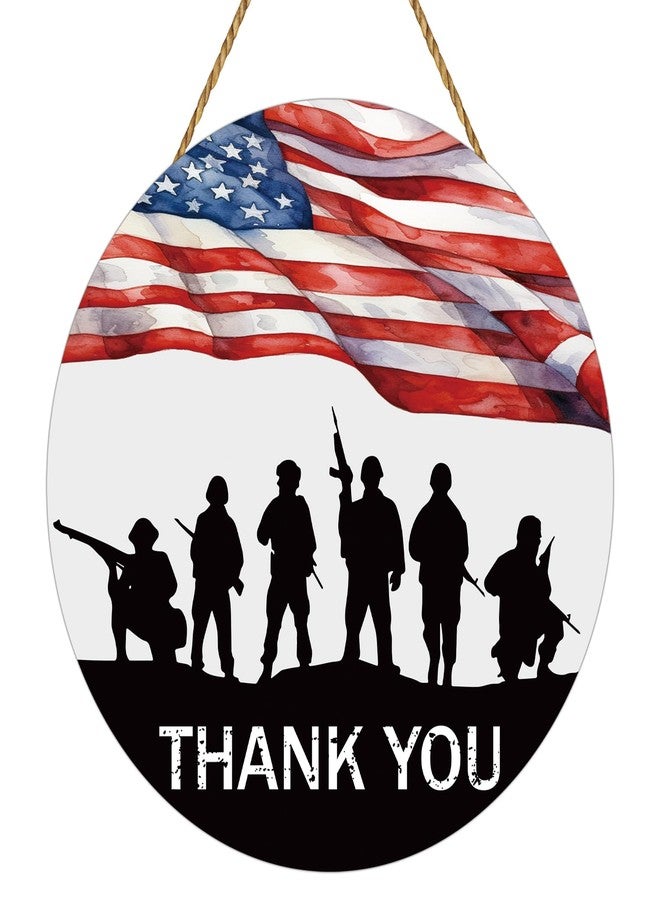 YUNKKIN Memorial Day Decorations Patriotic Wreath American Soldiers Thank You Hanging Sign American Flag Memorial Day Wreath Wooden Front Door Hanger 4th of July Decorations for Porch Wall Indoor Home Decor - Image 1