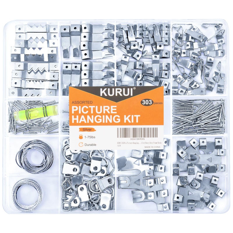 KURUI 303Pcs Picture Hanging Kit Picture Hangers Assorted Kit with Heavy Duty Wall Hooks Sawtooth Picture Wire D Rings Hardware Nails Eye Hooks Silver Heavy Duty Frame Hooks