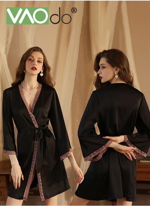Women's Bathrobe Light Luxury Ice Silk Satin Cool Feeling Nightgown Lace Edge Design Bathrobe Black