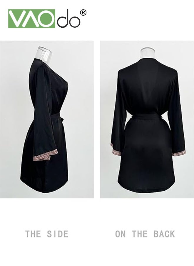 Women's Bathrobe Light Luxury Ice Silk Satin Cool Feeling Nightgown Lace Edge Design Bathrobe Black