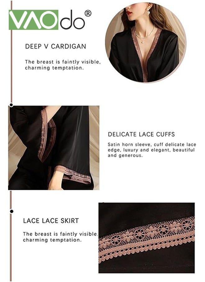 Women's Bathrobe Light Luxury Ice Silk Satin Cool Feeling Nightgown Lace Edge Design Bathrobe Black