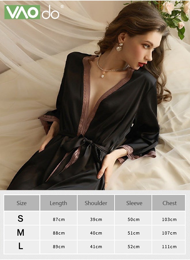 Women's Bathrobe Light Luxury Ice Silk Satin Cool Feeling Nightgown Lace Edge Design Bathrobe Black