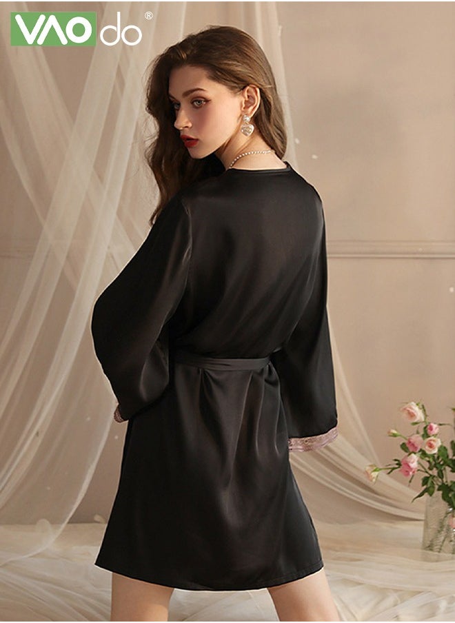 Women's Bathrobe Light Luxury Ice Silk Satin Cool Feeling Nightgown Lace Edge Design Bathrobe Black