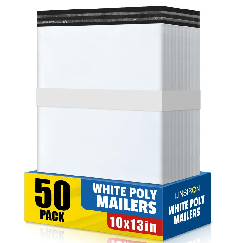 LINSIRON 50 Pcs Poly Mailers Shipping Bags 10x13 Inch Packaging Clothes Polymailers Envelopes Mailing Package Self Seal Shipping Envelopes Waterproof Poly Bags Small Business Supplies Package White - Image 1