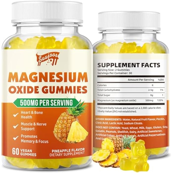Saajoor Magnesium Oxide 500mg Gummies for Adults & Kids, Supports Nerve Muscle & Bone Health, Vegan Non-GMO Dietary Supplement with Pineapple Flavor, 60 Gummies - Image 1