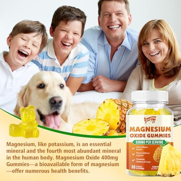 Saajoor Magnesium Oxide 500mg Gummies for Adults & Kids, Supports Nerve Muscle & Bone Health, Vegan Non-GMO Dietary Supplement with Pineapple Flavor, 60 Gummies - Image 4