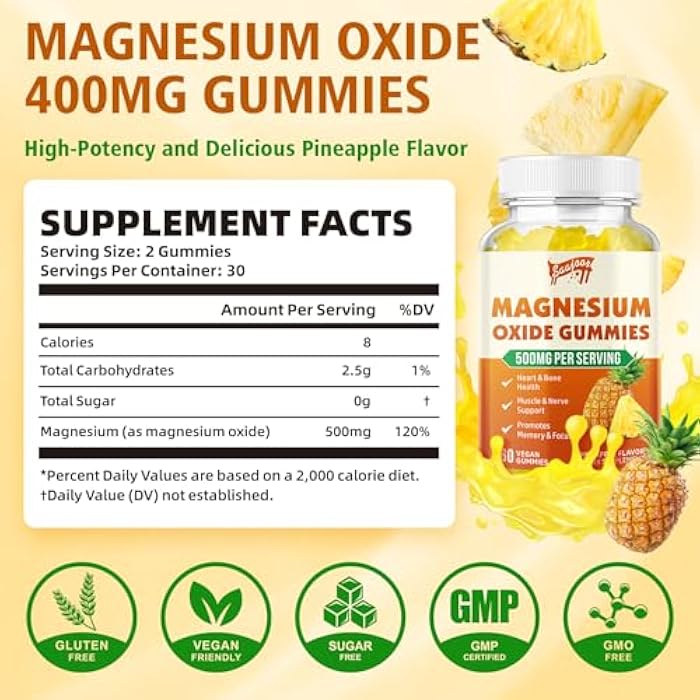 Saajoor Magnesium Oxide 500mg Gummies for Adults & Kids, Supports Nerve Muscle & Bone Health, Vegan Non-GMO Dietary Supplement with Pineapple Flavor, 60 Gummies - Image 2