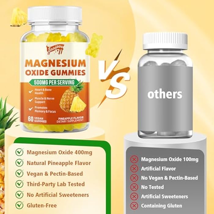 Saajoor Magnesium Oxide 500mg Gummies for Adults & Kids, Supports Nerve Muscle & Bone Health, Vegan Non-GMO Dietary Supplement with Pineapple Flavor, 60 Gummies - Image 5