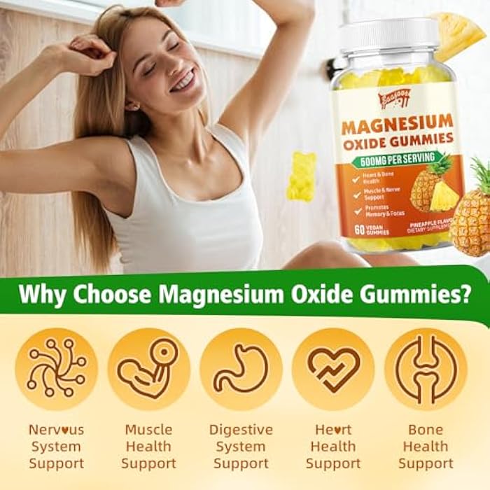 Saajoor Magnesium Oxide 500mg Gummies for Adults & Kids, Supports Nerve Muscle & Bone Health, Vegan Non-GMO Dietary Supplement with Pineapple Flavor, 60 Gummies - Image 3