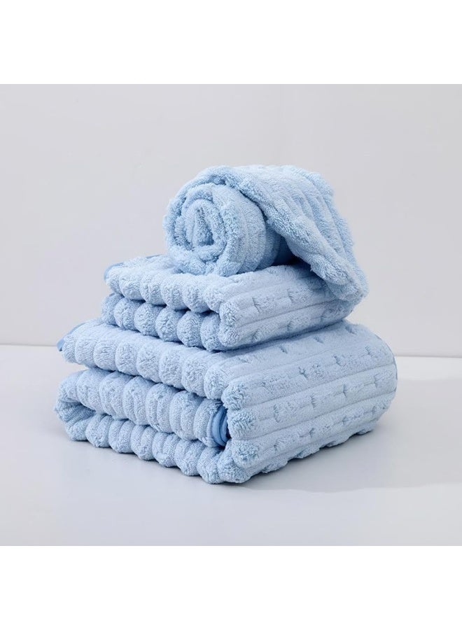 3-Piece Towel Set, coral fleece  ，Superior Quality, Quick Dry Highly Absorbent Thick Bathroom Soft Hotel Towels for Bath And Spa, Towel Set Includes 1 Bath Towel (90x170 cm), 1 Hand Towel (35x75 cm), 1 Hair Drying Cap (25x65 cm)-Blue - Image 1