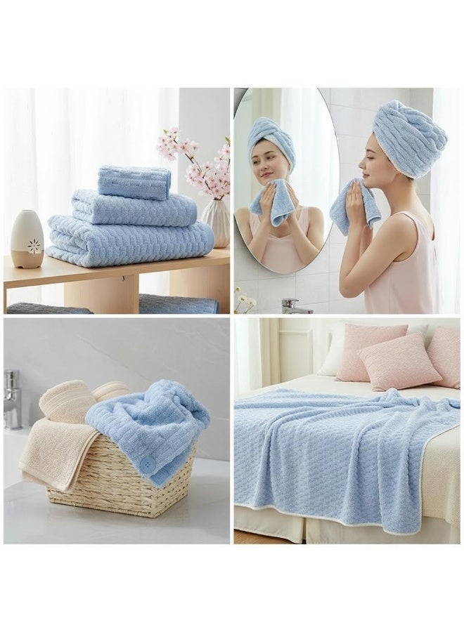 3-Piece Towel Set, coral fleece  ，Superior Quality, Quick Dry Highly Absorbent Thick Bathroom Soft Hotel Towels for Bath And Spa, Towel Set Includes 1 Bath Towel (90x170 cm), 1 Hand Towel (35x75 cm), 1 Hair Drying Cap (25x65 cm)-Blue - Image 3