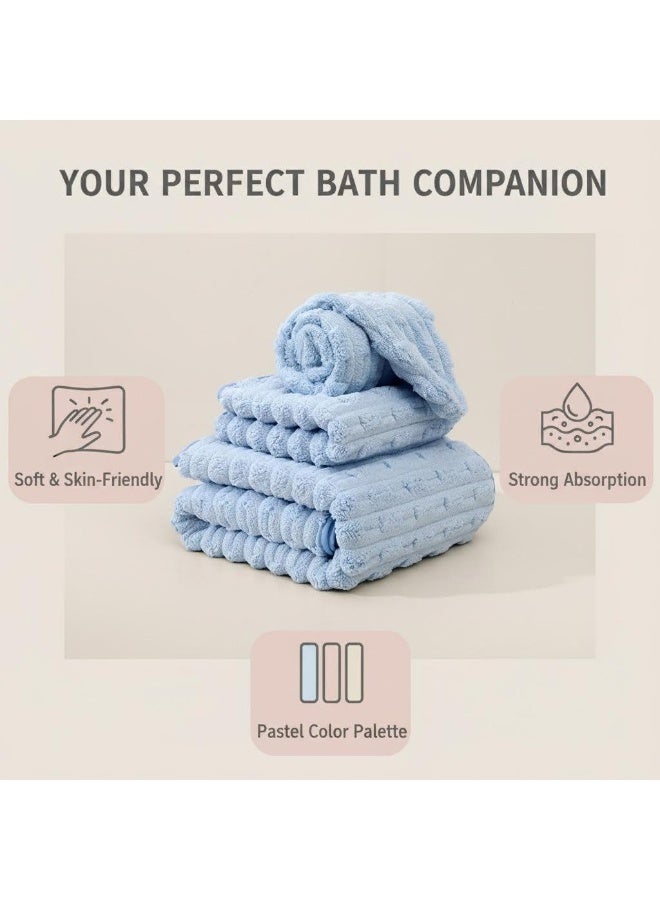 3-Piece Towel Set, coral fleece  ，Superior Quality, Quick Dry Highly Absorbent Thick Bathroom Soft Hotel Towels for Bath And Spa, Towel Set Includes 1 Bath Towel (90x170 cm), 1 Hand Towel (35x75 cm), 1 Hair Drying Cap (25x65 cm)-Blue - Image 5