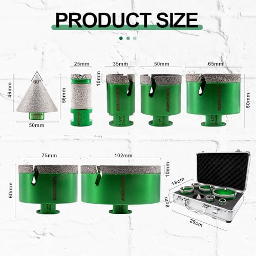 KURSTOL Tile Hole Saw Kit 11pcs Diamond Core Drill Bits 662535506575102mm2 Beveling Chamfer Bit45 Blade Cutting DiscSDS Shank to 5811 Thread for Porcelain Ceramic Granite Marble - Image 3