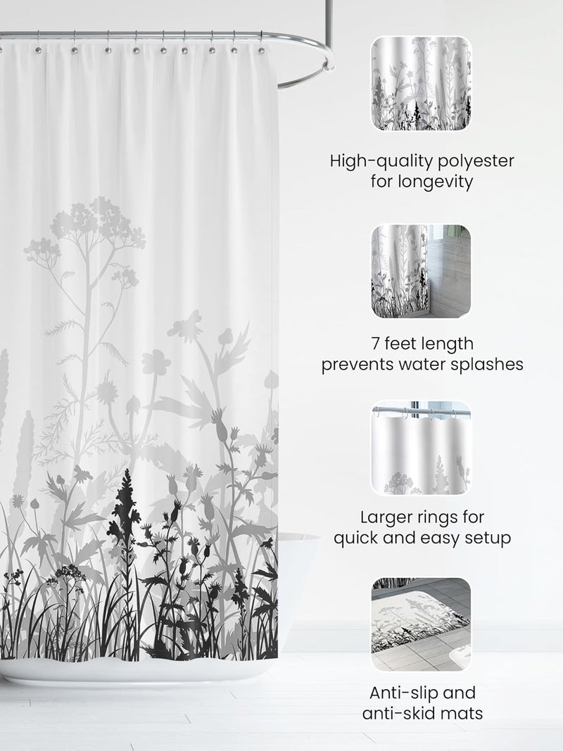 SAVYA HOME SAVYA HOME Shower Opaque Curtain 1 Bathroom Mat 2 Set Shower Curtains For Bathroom I Waterproof Fabric I Anti Skid Mat For Bathroom Floor I Grey Wild Flowers Pack Of 3  - Image 2