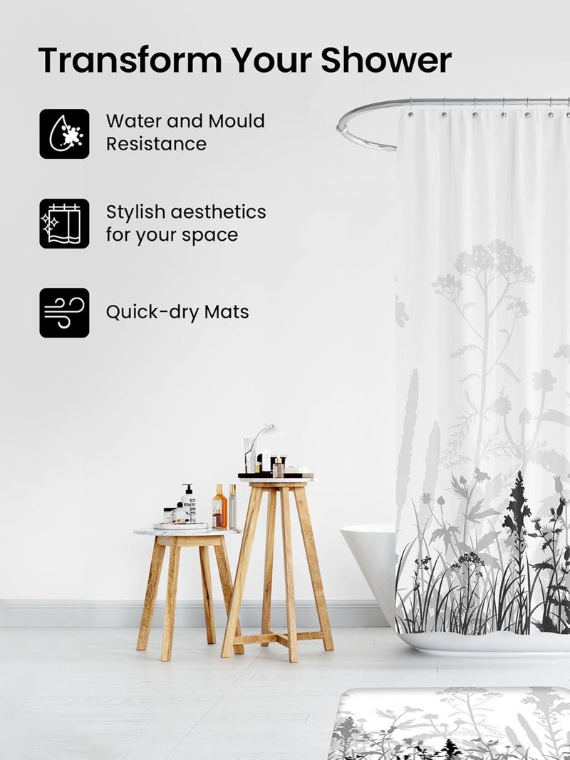 SAVYA HOME SAVYA HOME Shower Opaque Curtain 1 Bathroom Mat 2 Set Shower Curtains For Bathroom I Waterproof Fabric I Anti Skid Mat For Bathroom Floor I Grey Wild Flowers Pack Of 3  - Image 3