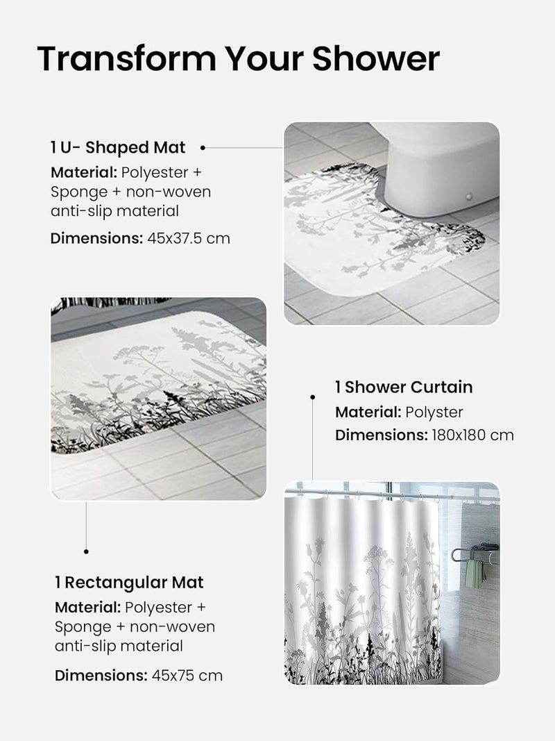 SAVYA HOME SAVYA HOME Shower Opaque Curtain 1 Bathroom Mat 2 Set Shower Curtains For Bathroom I Waterproof Fabric I Anti Skid Mat For Bathroom Floor I Grey Wild Flowers Pack Of 3  - Image 4