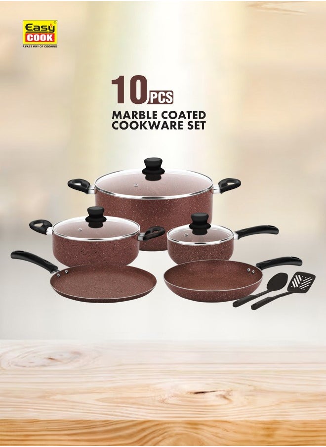 Easy Cook - 10 Pcs Marble Cookware Set | Marble Coated Forged Aluminum Body Tempered Glass Lid With Wide Stainless Steel, Congo Brown - Image 1