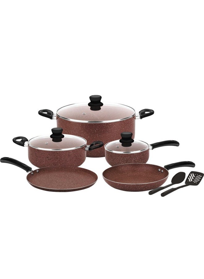 Easy Cook - 10 Pcs Marble Cookware Set | Marble Coated Forged Aluminum Body Tempered Glass Lid With Wide Stainless Steel, Congo Brown - Image 1