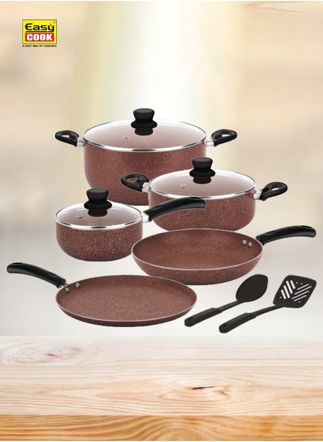 Easy Cook - 10 Pcs Marble Cookware Set | Marble Coated Forged Aluminum Body Tempered Glass Lid With Wide Stainless Steel, Congo Brown - Image 1