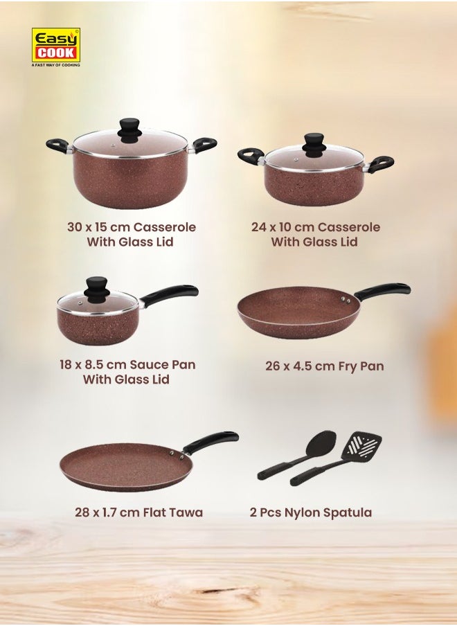Easy Cook - 10 Pcs Marble Cookware Set | Marble Coated Forged Aluminum Body Tempered Glass Lid With Wide Stainless Steel, Congo Brown - Image 1