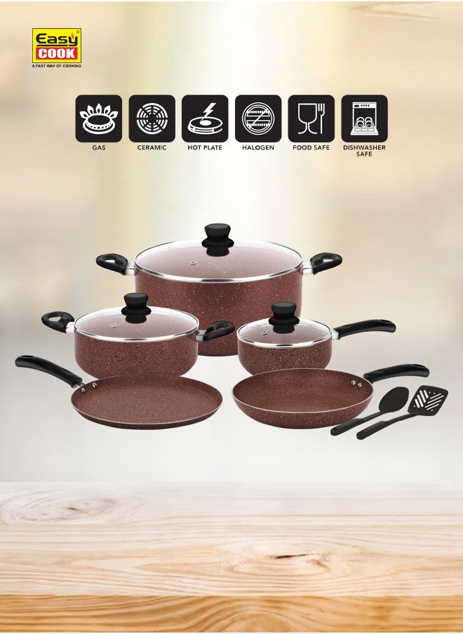 Easy Cook - 10 Pcs Marble Cookware Set | Marble Coated Forged Aluminum Body Tempered Glass Lid With Wide Stainless Steel, Congo Brown - Image 1