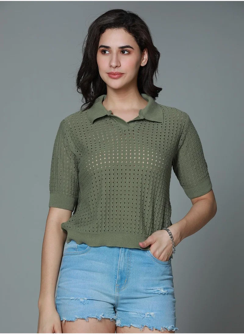 HIGH STAR Regular Fit Green Crochet Top for Women with Spread Collar