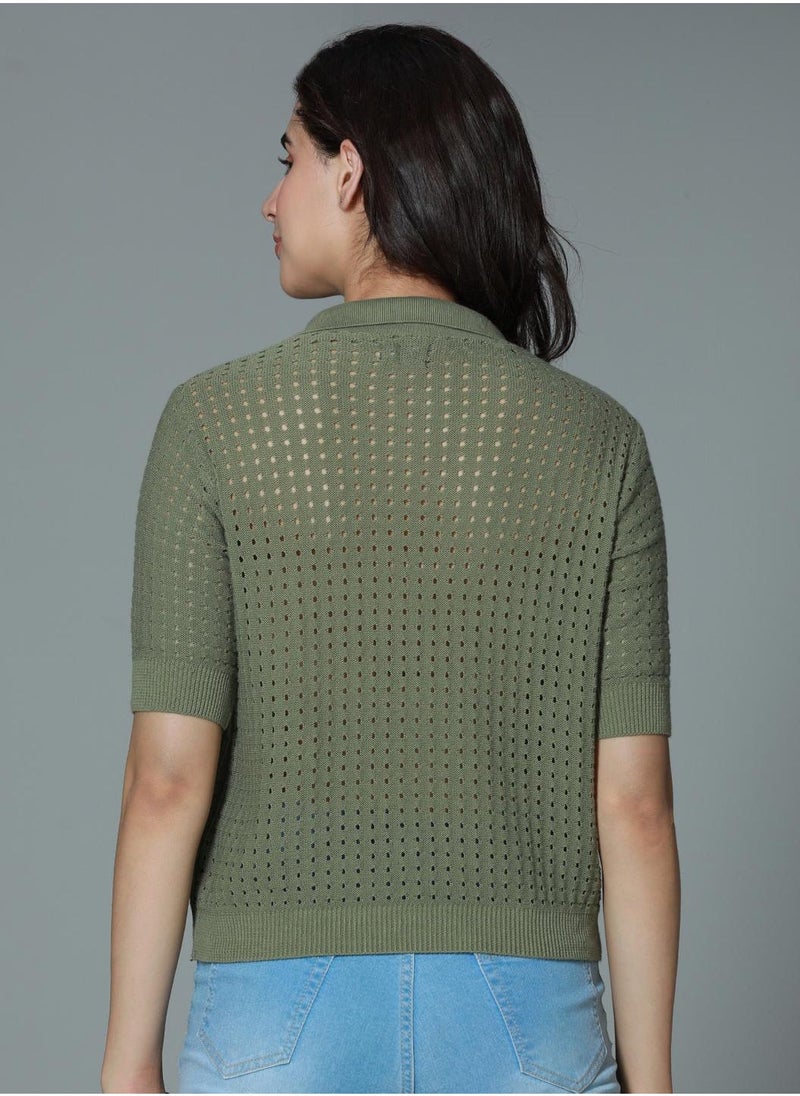 HIGH STAR Regular Fit Green Crochet Top for Women with Spread Collar  - Image 2