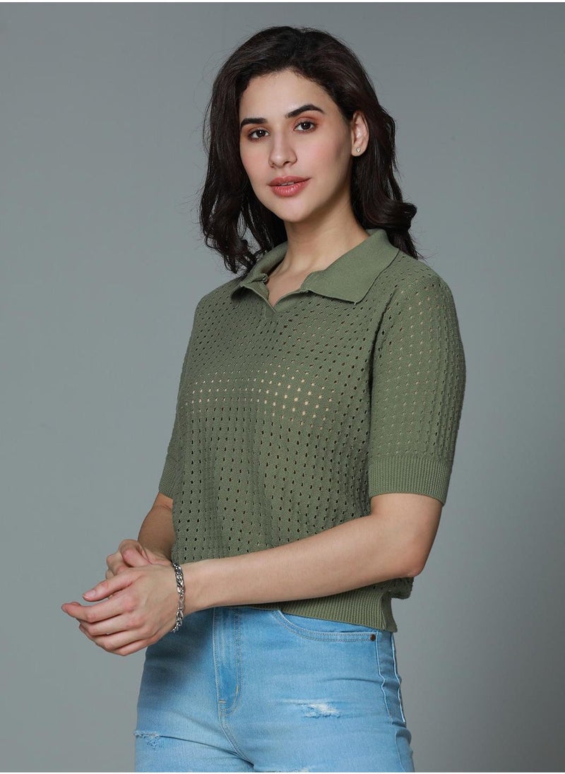 HIGH STAR Regular Fit Green Crochet Top for Women with Spread Collar  - Image 3