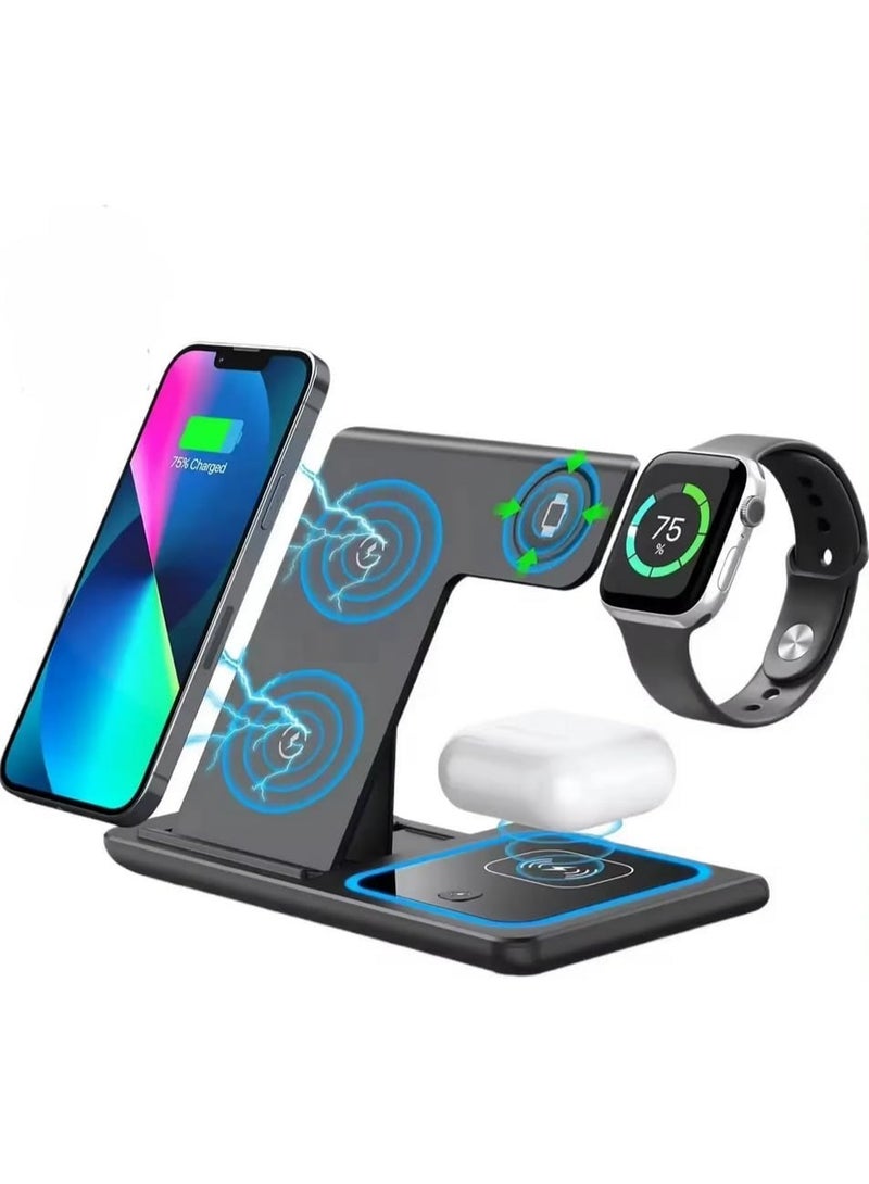 Wireless Charging Station, 3 in 1 Foldable Wireless Charger Stand, Wireless Charging Stand for iPhone & Samsung Series, Apple Watch, and Qi-Certified Phones (Black) - Image 1