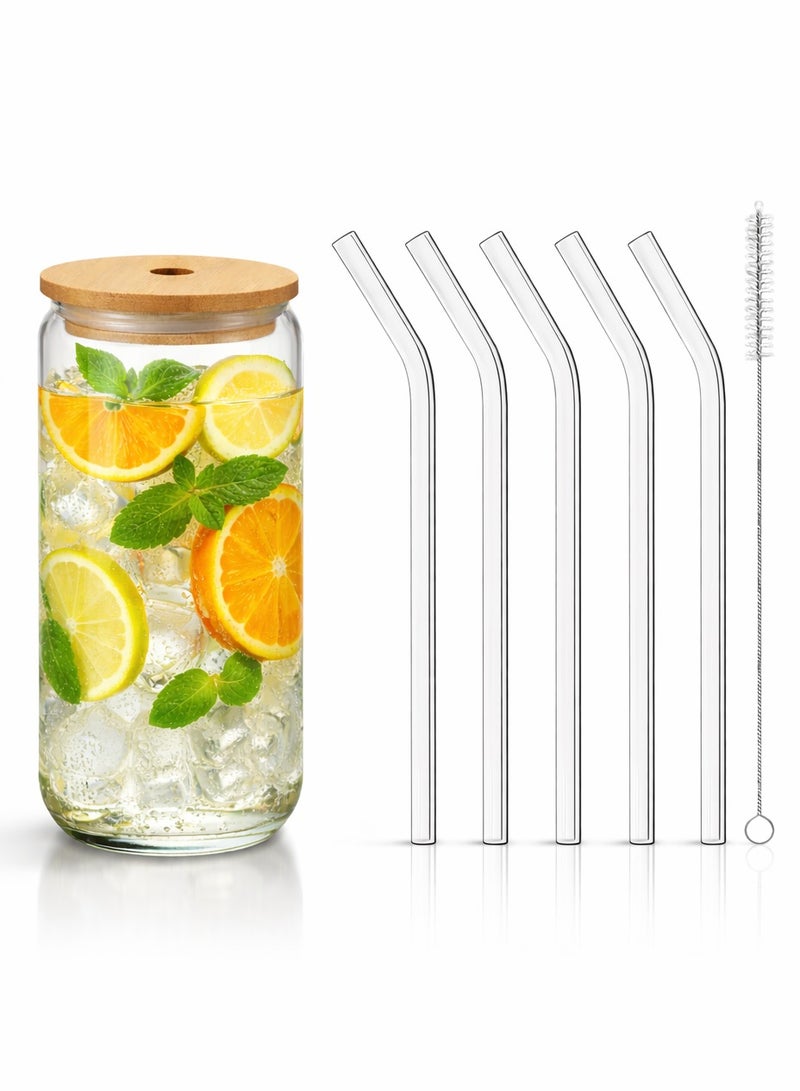 ترينفي طقم أكواب زجاجية 7 في 1 - كوب زجاجي سعة 550 مل/18.6 أونصة مع غطاء من الخيزران، و5 شفاطات زجاجية قابلة لإعادة الاستخدام، وفرشاة تنظيف واحدة، كوب زجاجي شفاف على شكل علبة للشرب، مناسب للقهوة المثلجة، والعصير، والسموذي، والشاي المثلج، وماء الليمون، والمشروبات الغازية، والمشروبات الباردة. - Image 1