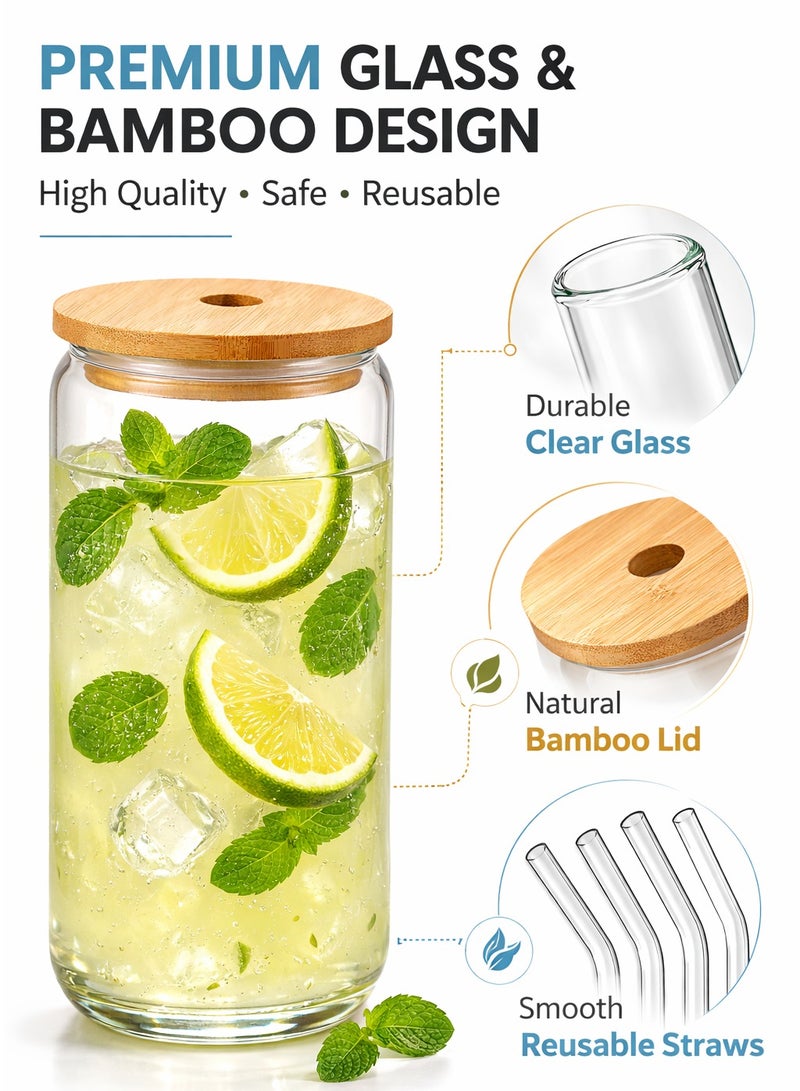 ترينفي طقم أكواب زجاجية 7 في 1 - كوب زجاجي سعة 550 مل/18.6 أونصة مع غطاء من الخيزران، و5 شفاطات زجاجية قابلة لإعادة الاستخدام، وفرشاة تنظيف واحدة، كوب زجاجي شفاف على شكل علبة للشرب، مناسب للقهوة المثلجة، والعصير، والسموذي، والشاي المثلج، وماء الليمون، والمشروبات الغازية، والمشروبات الباردة. - Image 3