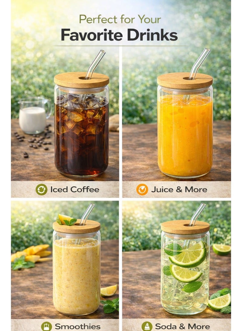 ترينفي طقم أكواب زجاجية 7 في 1 - كوب زجاجي سعة 550 مل/18.6 أونصة مع غطاء من الخيزران، و5 شفاطات زجاجية قابلة لإعادة الاستخدام، وفرشاة تنظيف واحدة، كوب زجاجي شفاف على شكل علبة للشرب، مناسب للقهوة المثلجة، والعصير، والسموذي، والشاي المثلج، وماء الليمون، والمشروبات الغازية، والمشروبات الباردة. - Image 4