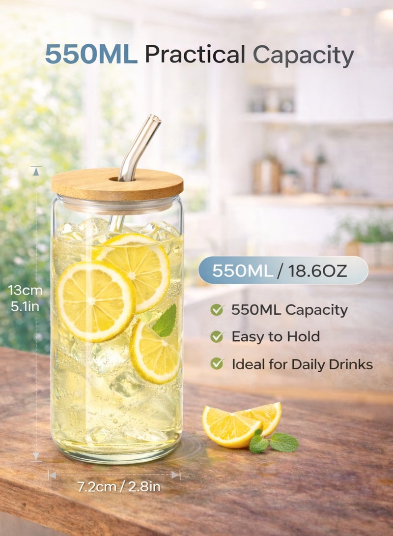 ترينفي طقم أكواب زجاجية 7 في 1 - كوب زجاجي سعة 550 مل/18.6 أونصة مع غطاء من الخيزران، و5 شفاطات زجاجية قابلة لإعادة الاستخدام، وفرشاة تنظيف واحدة، كوب زجاجي شفاف على شكل علبة للشرب، مناسب للقهوة المثلجة، والعصير، والسموذي، والشاي المثلج، وماء الليمون، والمشروبات الغازية، والمشروبات الباردة. - Image 2