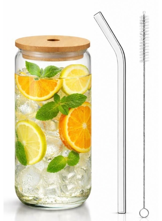 Trendify 3 in 1 Glass Tumbler Set - 550ml/18.6 oz Glass Tumbler with Bamboo Lid, 5 Reusable Bent Glass Straws and 1 Cleaning Brush, Clear Can Shaped Drinking Glass Cup for Iced Coffee, Juice, Smoothies, Iced Tea, Lemon Water, Soda and Cold Drinks - Image 1