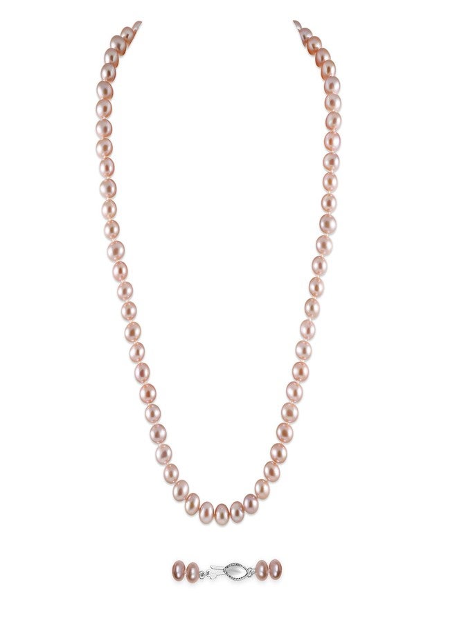 Belacqua Natural Round Cultured Freshwater Real Pearl Necklace in Sterling Silver, 7.0-8.0mm AAA Quality Pink Pearls, 18 Inches Length, Fishhook Clasp, Jewelry for Women, Gift Box Included - Image 1