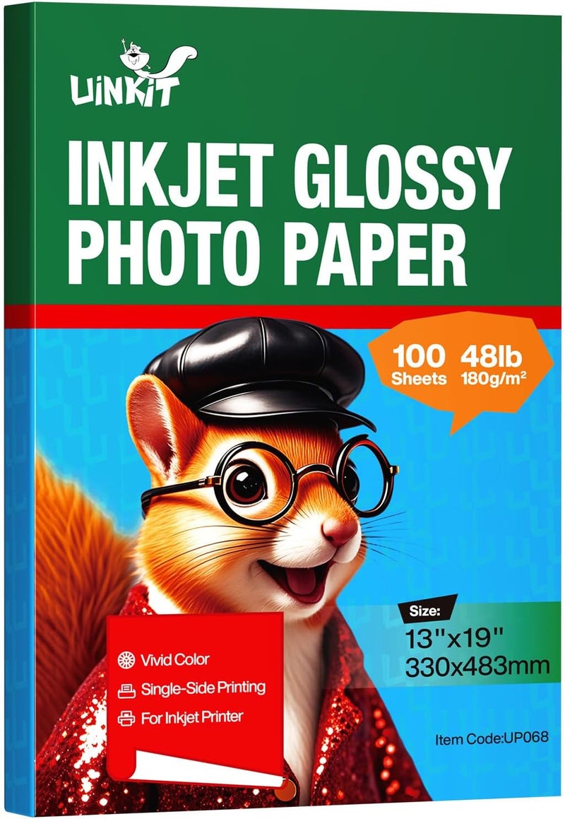 Uinkit Glossy Photo Paper 13x19inches100 Sheets 180Gsm 48lbs Professional Glossy Photographic Paper Compatible with Inkjet Printer Use DYE INK 180GSM - Image 1